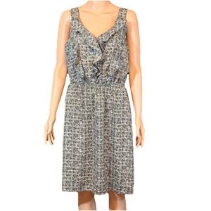 Mossimo Black Gray Sleeveless Ruffle V-Neck Dress Geometric Print Medium